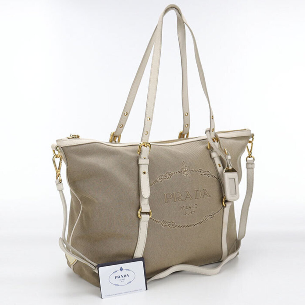 Prada Canapa Logo Bow tote bag beige canvas off white leather trim